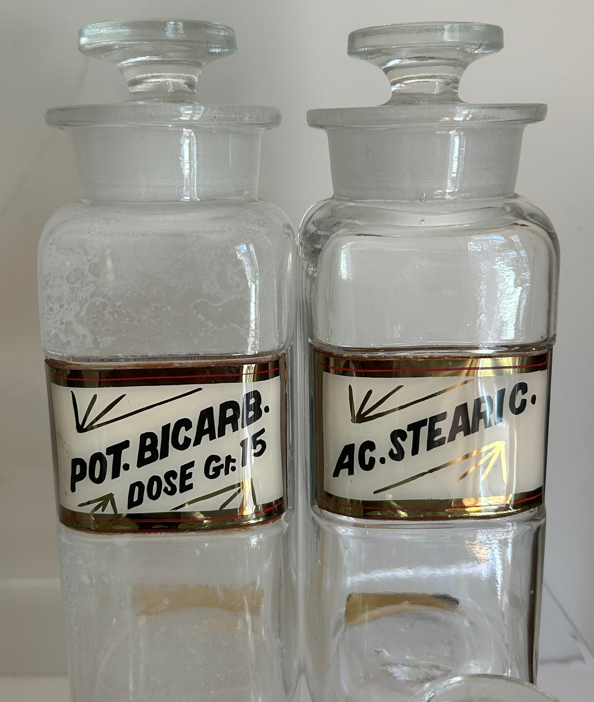 Antique Whitall Tatum Co. Reverse-Painted Gilded Label Apothecary Jars, Set of 16