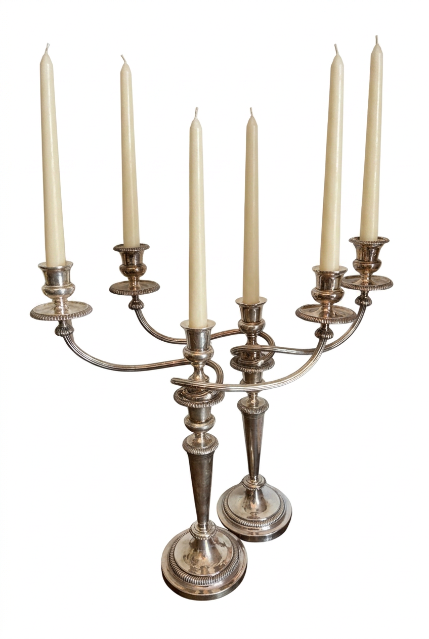 A pair of Neoclassical silverplate two-arm convertible candelabra