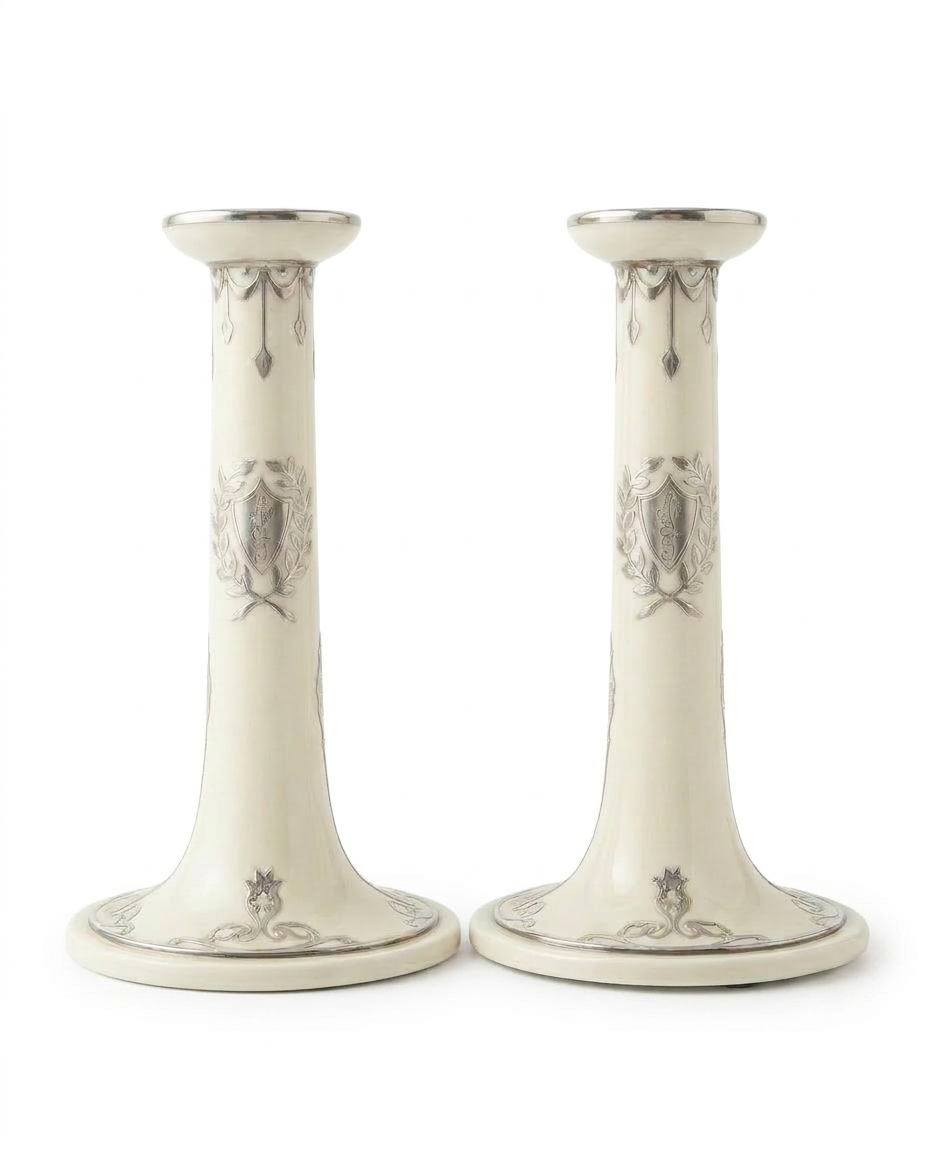 Pair of Lenox Belleek Porcelain Candlesticks with Sterling Silver Overlay