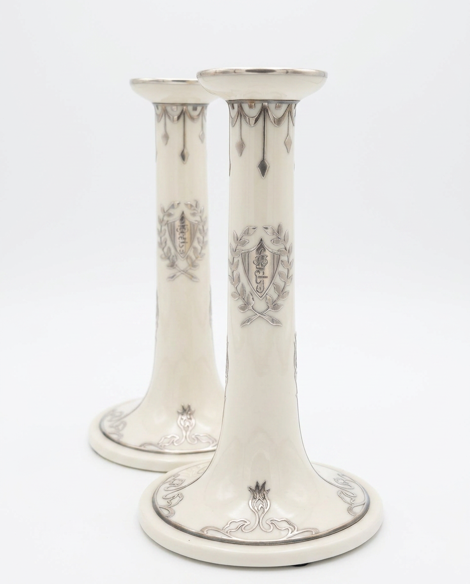 Pair of Lenox Belleek Porcelain Candlesticks with Sterling Silver Overlay