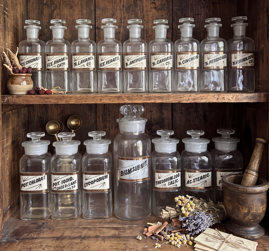 Antique Whitall Tatum Co. Reverse-Painted Gilded Label Apothecary Jars, Set of 16